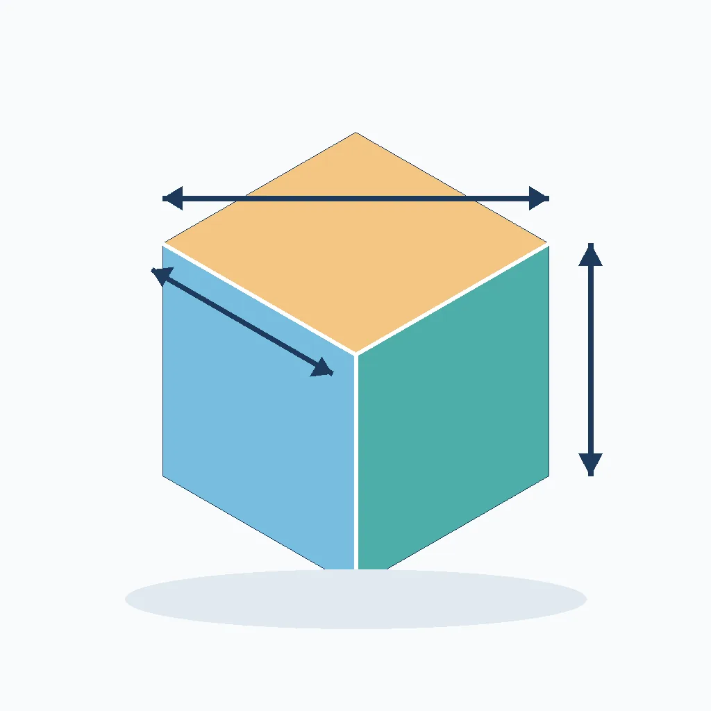 Text-free editorial diagram of a cube with three measurement directions for one cubic meter