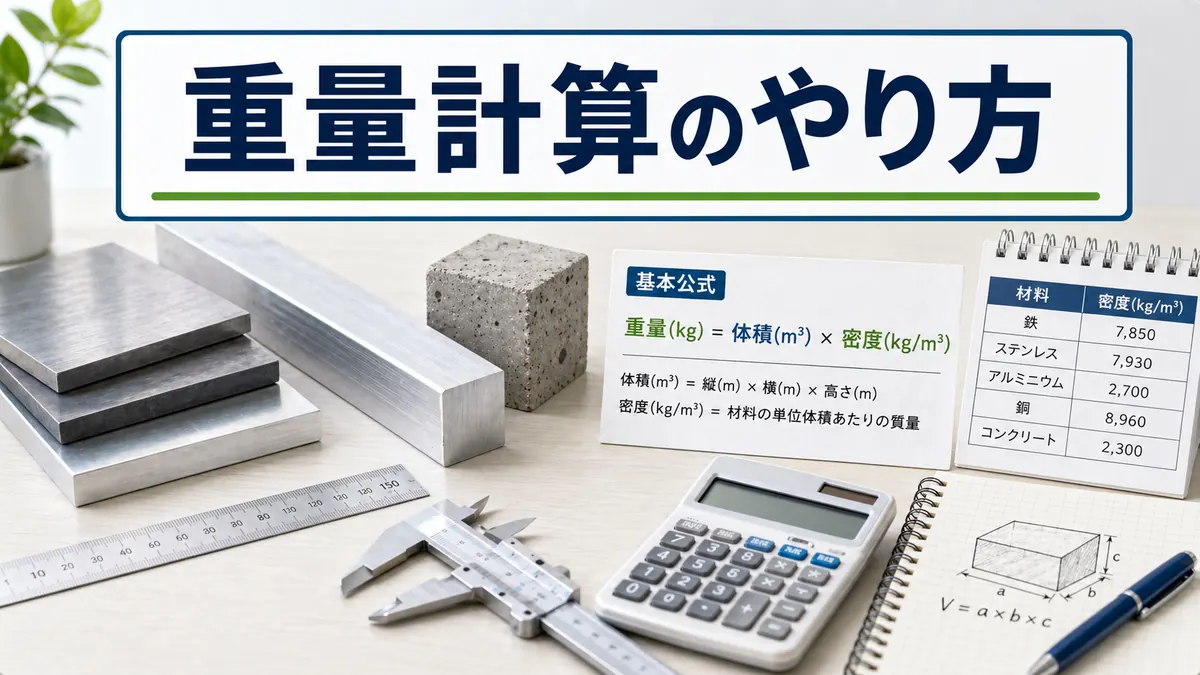 重量計算のやり方を示す材料、定規、電卓、公式のイメージ