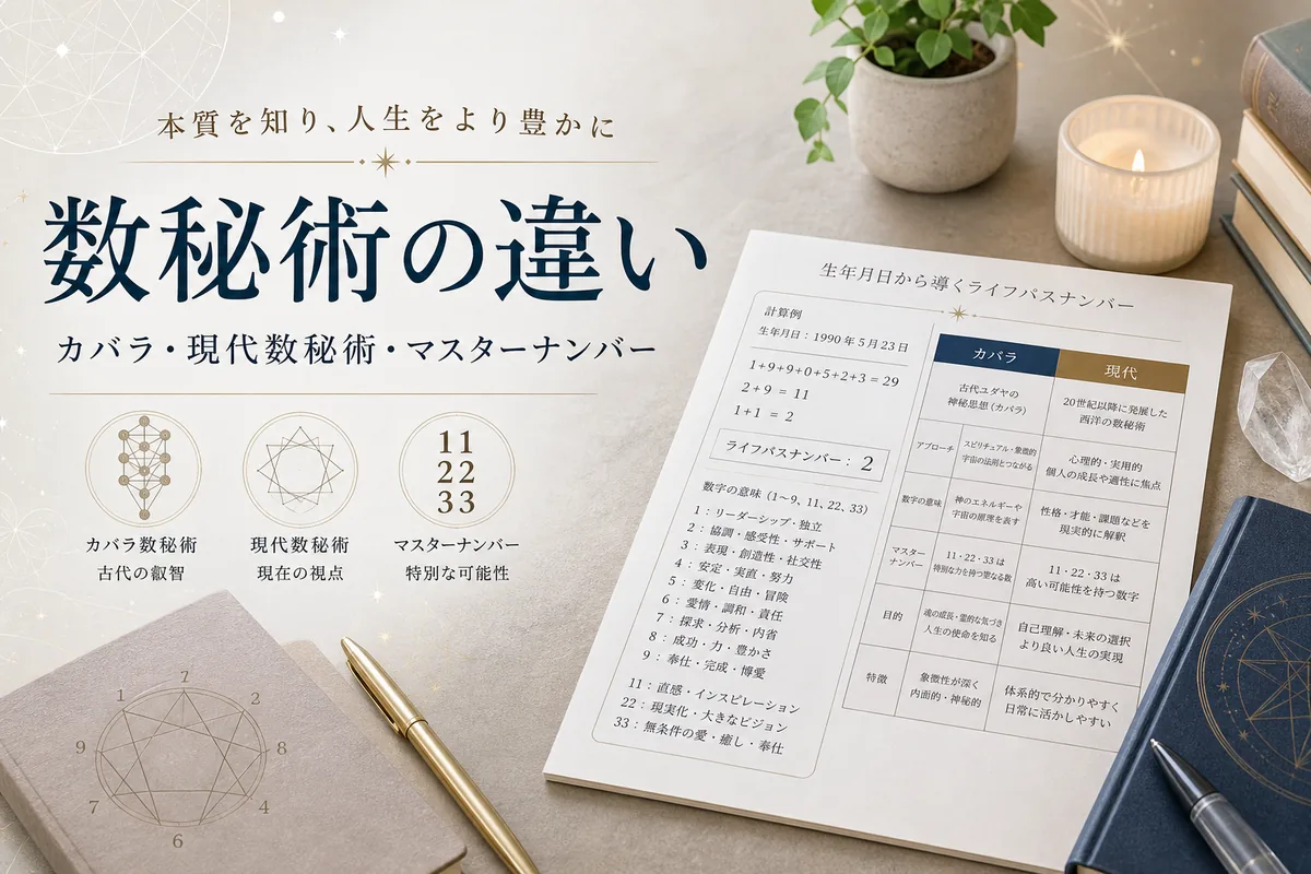 カバラ数秘術と現代数秘術の違いを比較する計算表とマスターナンバーのイメージ