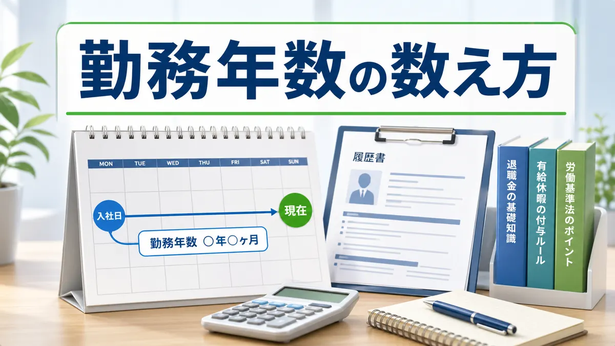 勤務年数の数え方を説明するカレンダー、履歴書、有給休暇、退職金のイメージ