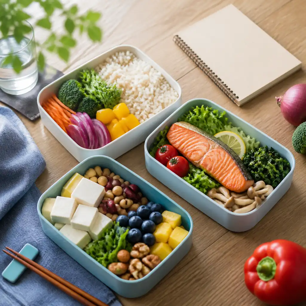 ご飯・魚・豆腐・野菜・果物を組み合わせたPFCバランスの食事メニュー例